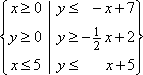 x >= 0, y >= 0, x <= 5, y <= -x + 7, y >= -(1/2)x + 2, y <= x + 5