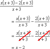 x(x + 3)/(x + 3) − 2(x + 3)/(x + 3) = x − 2