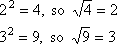 2^2 = 4, so sqrt(4) = 2; 3^2 = 9, so sqrt(9) = 3