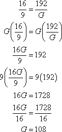 16/9 = 192/G, 16G = 9(192) = 1728, G = 108