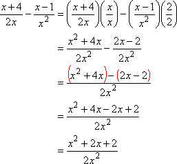 (x + 4)/2x - (x - 1)/x^2 = (x^2 + 4x)/2x^2 - (2x - 2)/2x^2 = (x^2 + 2x + 2)/2x^2
