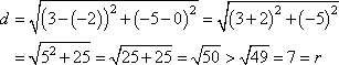 d = sqrt[(3−(−2))^2 + (−5−0)^2] = sqrt[(5)^2 + (−5)^2] = sqrt[25 + 25] = sqrt[50] > sqrt[49] = 7 = r