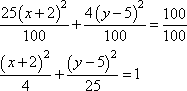 25(x+2)^2/100 + 4(y-5)^2/100 = 100/100, so (x + 2)^2 / 4 + (y - 5)^2 / 25 = 1