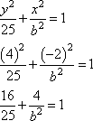 (y^2)/25 + (x^2)/b^2 = 1, ((4)^2)/25 + ((-2)^2)/b^2 = 1, 16/25 + 4/b^2 = 1