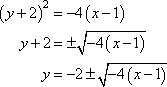 (y + 2)^2 = -4(x - 1), y + 2 = +/- sqrt[-4(x - 1)], y = -2 +/- sqrt[-4(x - 1)]