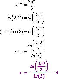 x = [ ln(350/3) / ln(2) ] − 4