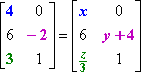 matrices with 1,1-, 2,2-, and 3,1-entries highlighted: A_{1,1}=4, B_{1,1}=x; A_{2,2}=−2, B_{2,2}=y+4; A_{3,1}=3, B_{3,1}=z/3
