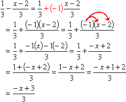 1/3 – (x – 2)/3 = 1/3 + (-1)(x - 2)/3 = (1 + (-1)(x - 2))/3 = (1 + (-1)(x) + (-1)(-2))/3 = (1 - x + 2)/3 = (-x + 1 + 2)/3 = (–x + 3)/3