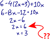 incorrect "solution": 6 - 4(2x + 3) + 10x becomes 6 - 8x - 12 + 10x, becomes 2x - 6, which magically [as shown by a red arrow] becomes 2x = 6, which magically solves as x = 3