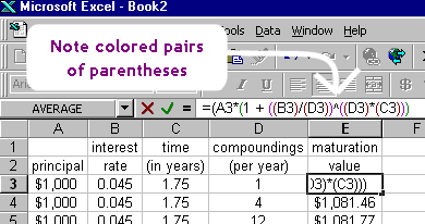 Excel screen-shot: formula = (A3)*(1 + ((B3)/(D3)))^((D3)*(C3)); A3's parentheses are black; the base is nested as open-green, open-magenta, open-brown, close-brown, open-brown, close-brown, close-magenta, close-green; the power is nested as open-magenta, open-brown, close-brown, open-brown, close-brown, close-magenta