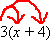 3(x + 4); red arrows drawn from the "3" out in front, with one arrow pointing to the top of the "x" inside, and the other pointing to the top of the "4" inside
