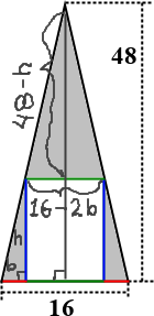 drawing has three smaller triangles labelled with their bases and heights