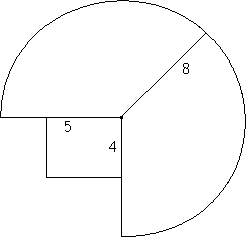 horizonal and vertical lines of length 8 extended from dot, with 3/4 circle drawn about dot