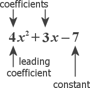 polynomial is 4x^2 + 3x − 7; the 4 and the 3 are marked as "coefficients"; the 4 is marked as the "leading coefficient"; the 7 is marked as the "constant"