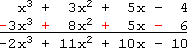 top row: x^3 + 3x^2 + 5x − 4; second row: −3x^3 + 8x^2 + 5x − 6; x^3 and −3x^3, adding down to −2x^3; +3x^2 and +8x^2, adding down to +11x^2; +5x and +5x, adding down to +10x; −4 and −6, adding down to −10; result: −2x^3 + 11x^2 + 10x − 10