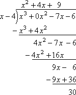completed division: quotient x^2 + 4x + 9, remainder 30