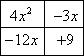 first row: 4x^2 and -3x; second row: -12x and +9