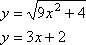 y_1 = sqrt(9x^2 + 4); y_2 = 3x + 2