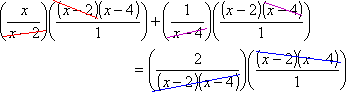 [x/(x - 2)] [(x - 2)(x - 4)]/1 + [1/(x - 4)] [(x - 2)(x - 4)]/1 = 2/[(x - 2)(x - 4)]  [(x - 2)(x - 4)]/1 