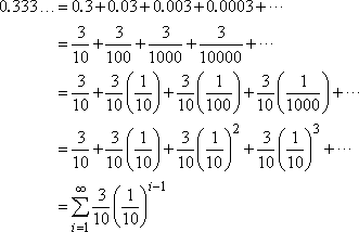 0.333... = 3/10 + 3/100 + 3/1000 + ... = sum [ (3/10) (1/10)^(n−1) ]