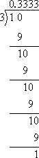 long division of 1 by 3, showing quotient of 0.3333….