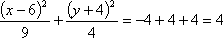 [(x – 6)^2]/9 + [(y + 4)^2]/4 = –4 + 4 + 4 = 4