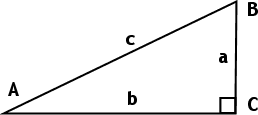 right triangle ABC, A at bottom left, B at top right, right angle at C at bottom right