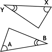 two congruent triangles, with angles A and X having one arc and angles B and Y having two arcs