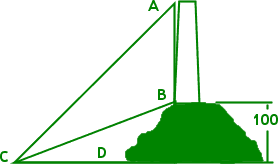 drawing of hill, tower, and angles; A at top of tower, B at base, D at base of hill, C common vertex at bottom left
