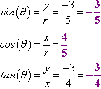 sin(theta) = -3/5, cos(theta) = 4/5, tan(theta) = -3/4