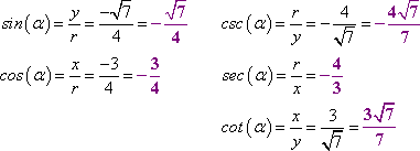 sin(alpha) = -sqrt[7]/4, cos(alpha) = -3/4, csc(alpha) = -4/sqrt[7], sec(alpha) = -4/3, cot(alpha) = -3/sqrt[7]