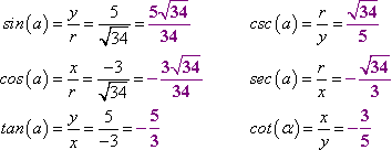 sin(alpha) = 5/sqrt[34], cos(alpha) = -3/sqrt[34], tan(alpha) = -5/3, csc(alpha) = sqrt[34]/5, sec(alpha) = -sqrt[34]/3, cot(alpha) = -3/5
