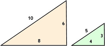 two similar right triangles, having sides of lengths 6, 8, 10 and 3, 4, 5, respectively; larger triangle filled in with light tan; smaller with light green