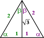 equilateral triangle split in half by dropping a vertical line from the peak angle down to the middle of the base; each new peak angle is labelled as beta, and each base angle is labelled as alpha; the two halves of the original base are labelled 1; the altitude is labelled sqrt[3]; and the sides (now hypotenuses) are still labelled 2