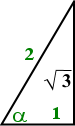 60° angle α at left, base length 1, hypotenuse length 2, opposite leg length sqrt(3)