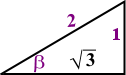 30° angle β at left, base length sqrt(3), hypotenuse length 2, opposite leg length 1