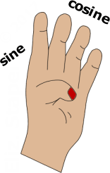 left hand shown with four fingers up, and thumb folded down into palm; the area by the thumb's knuckle is labelled "sine", and the area above the four fingers is labelled "cosine"